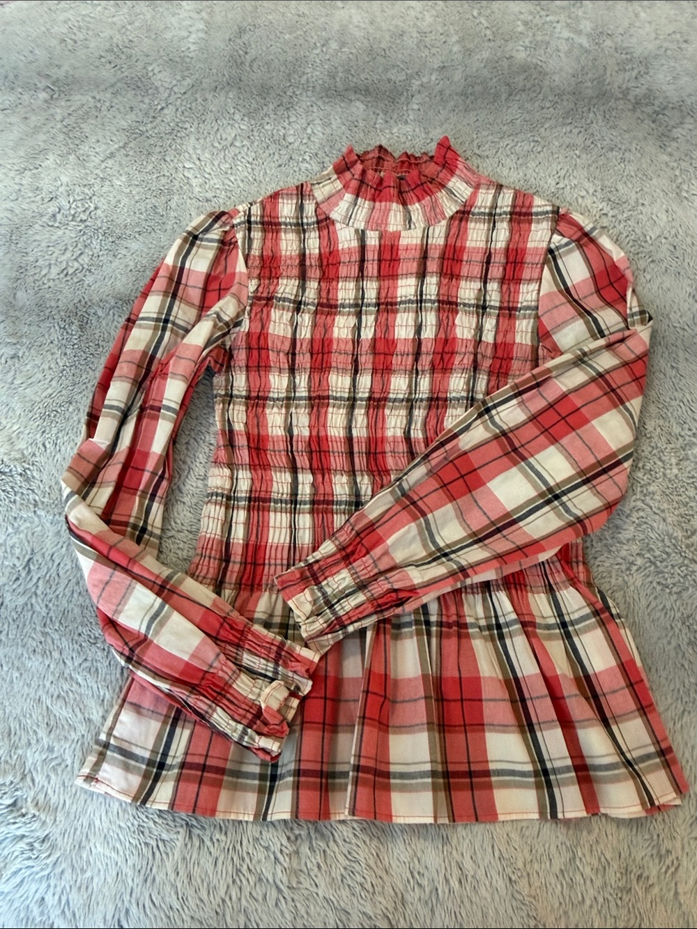 Zara Red Plaid Smocked Long-Sleeve Blouse